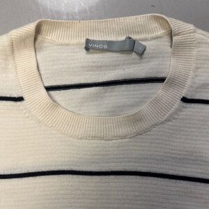 Vince Men's Cream and Black Striped Crewneck Sweater